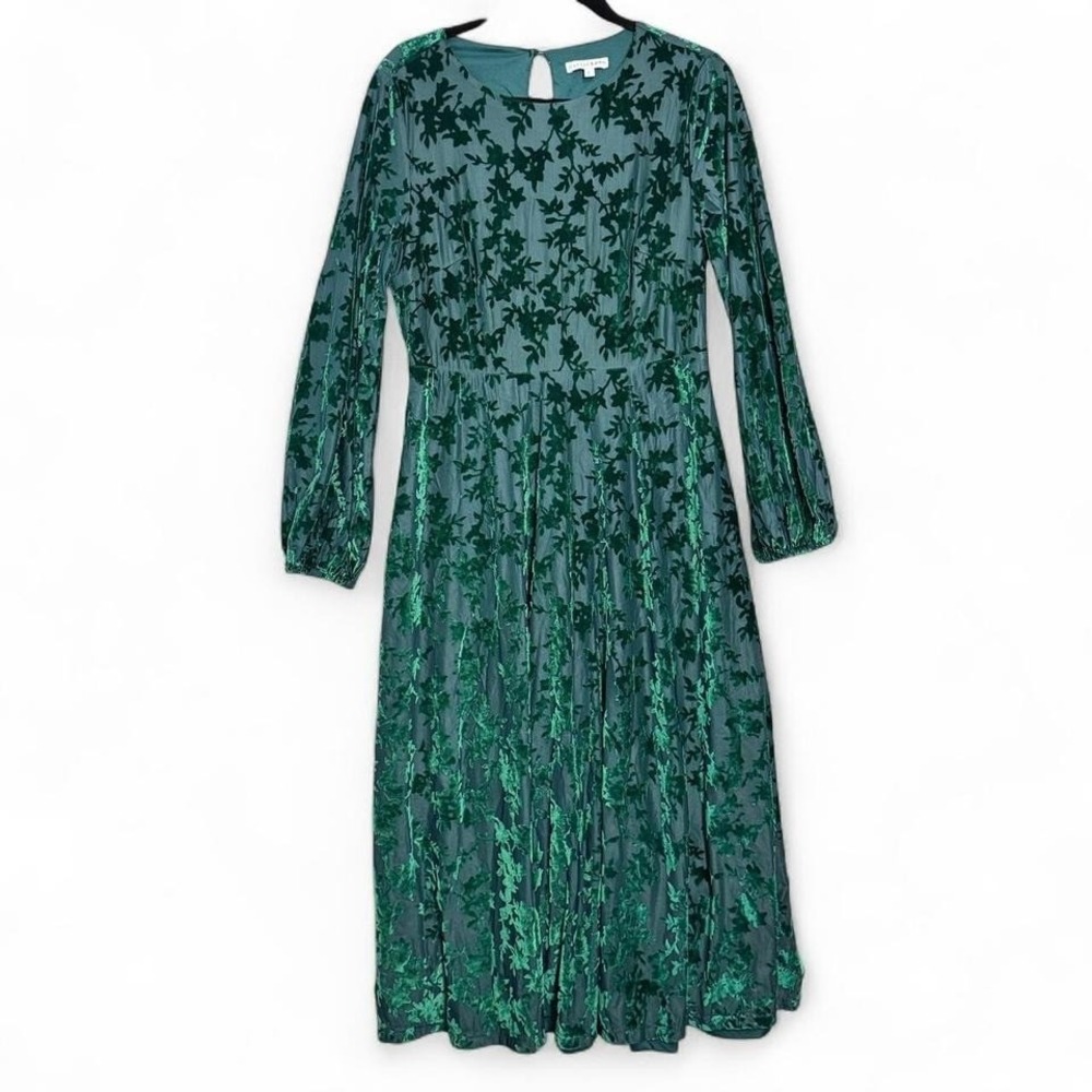 Emerald Green Velvet Burnout Midi Dress Sz L Whimsigoth Fairy Formal Floral - Picture 2 of 7